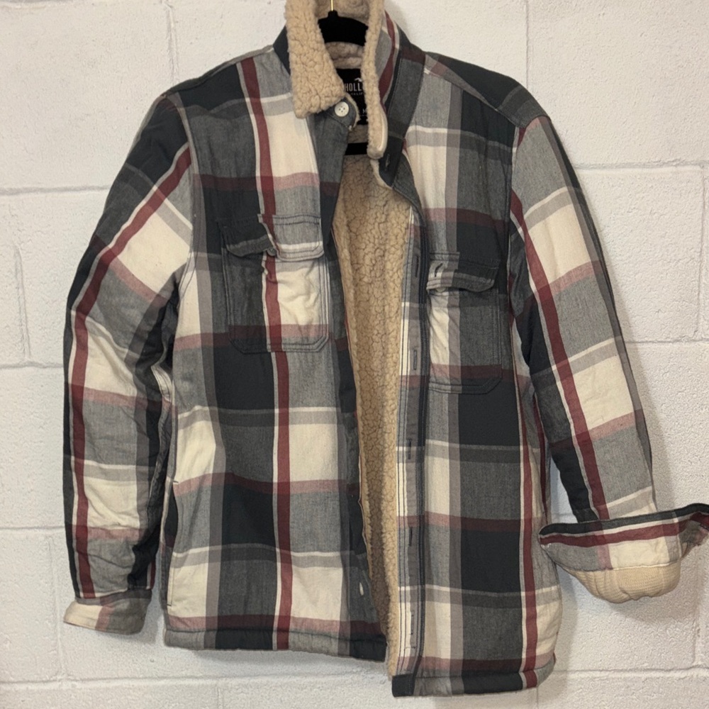 Hollister Men's Plaid Sherpa-Lined Shirt Jacket - Gray, Cream & Burgundy